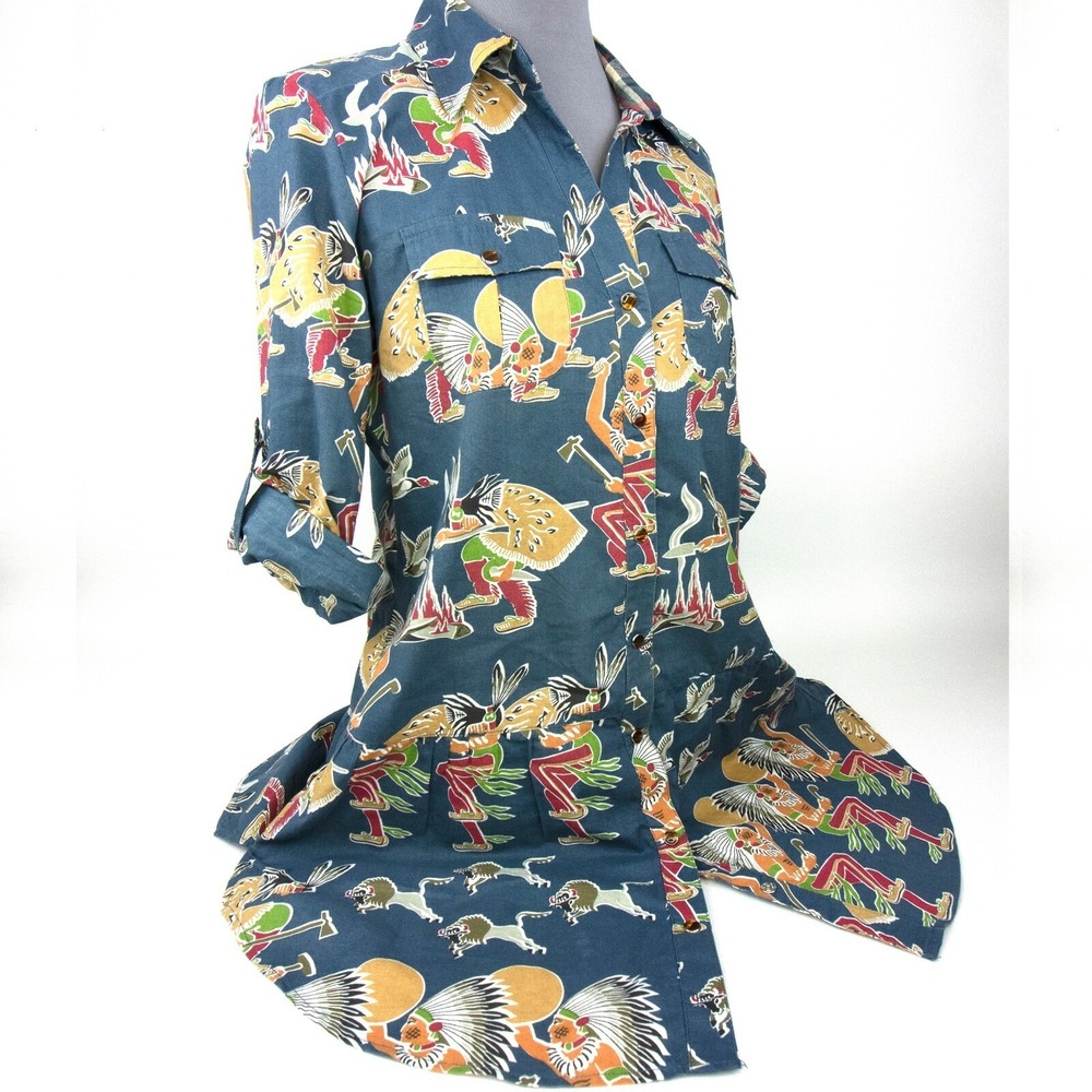 Taska Polizzi Medium Blue Tunic Top Snap‎ Button Roll Tab Sleeve Rain Dance